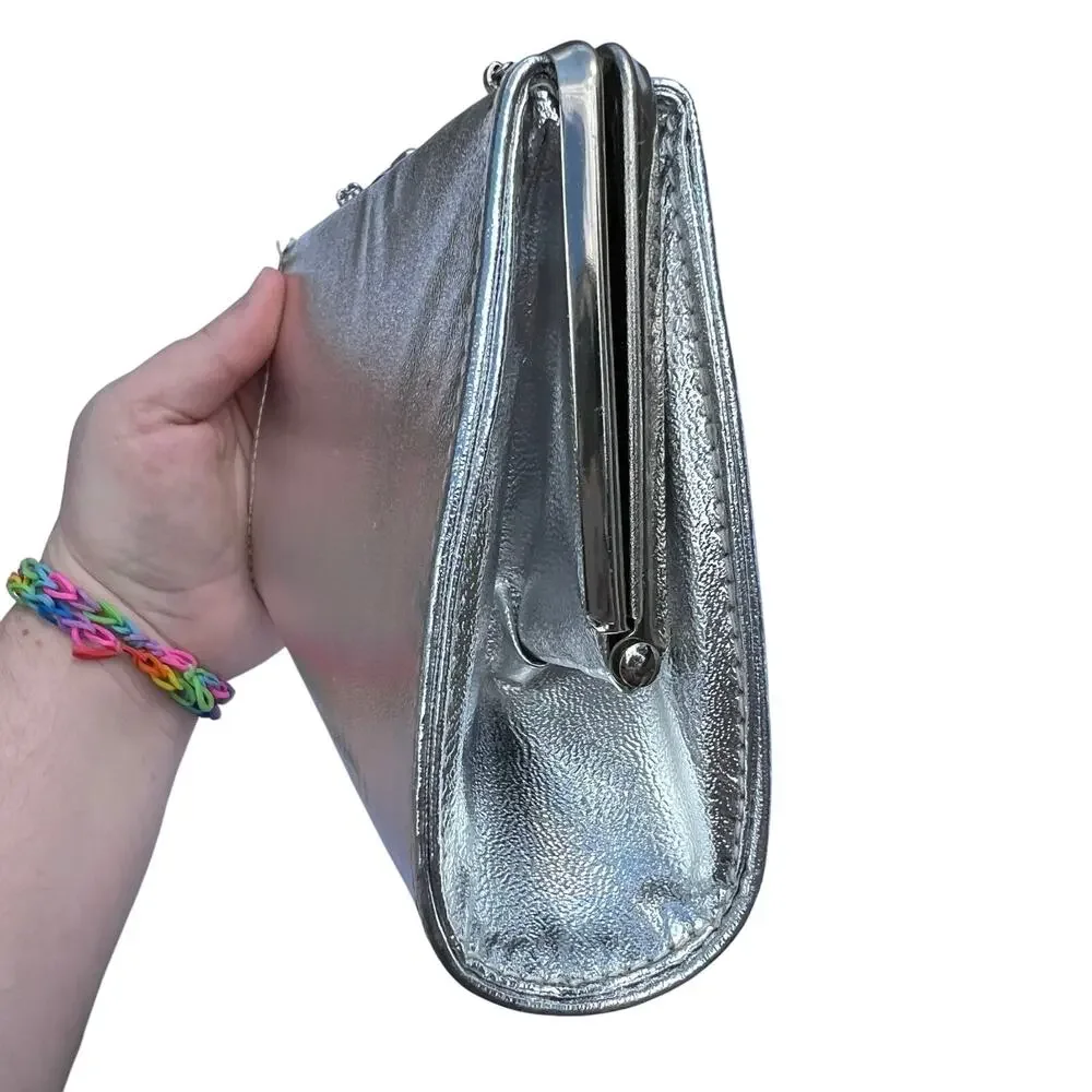 Vintage Evening Bag Clutch Purse Metallic Silver Chain Handle